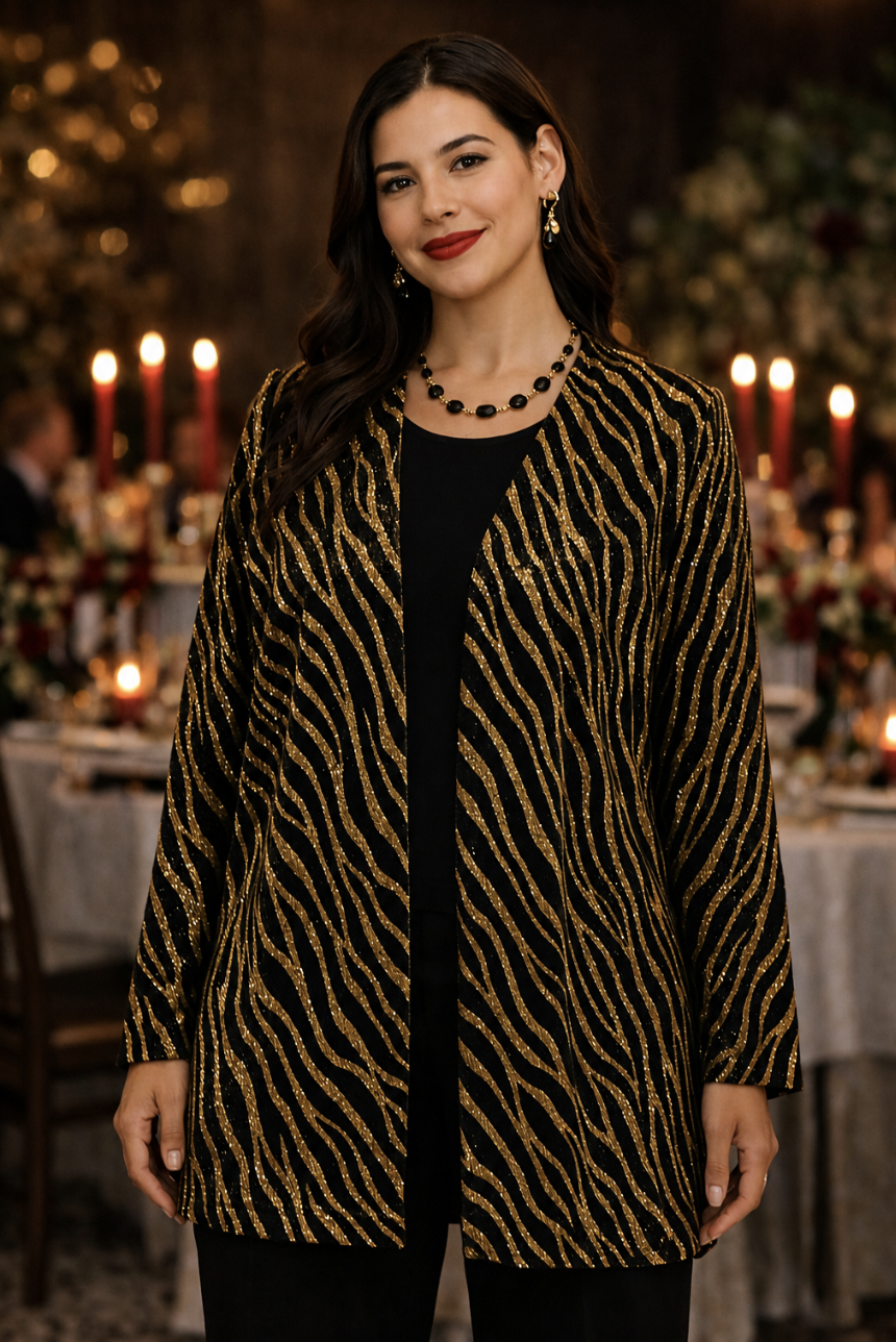 Gold Metallic Zebra Lightweight Evening Jacket | Sizes 8-18