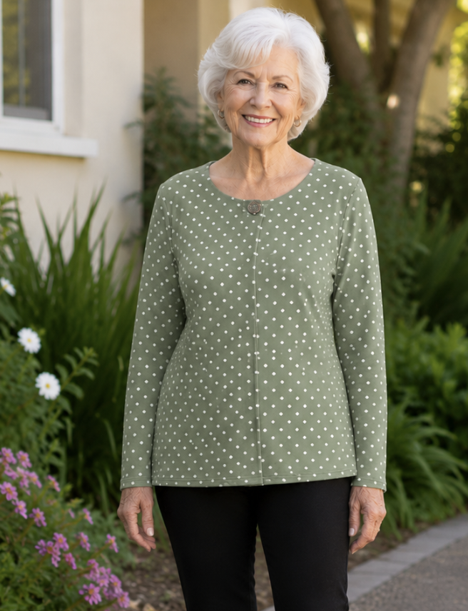 Sage & White Polka Dot Button Pleat Long Sleeve Top | Sizes 8-18
