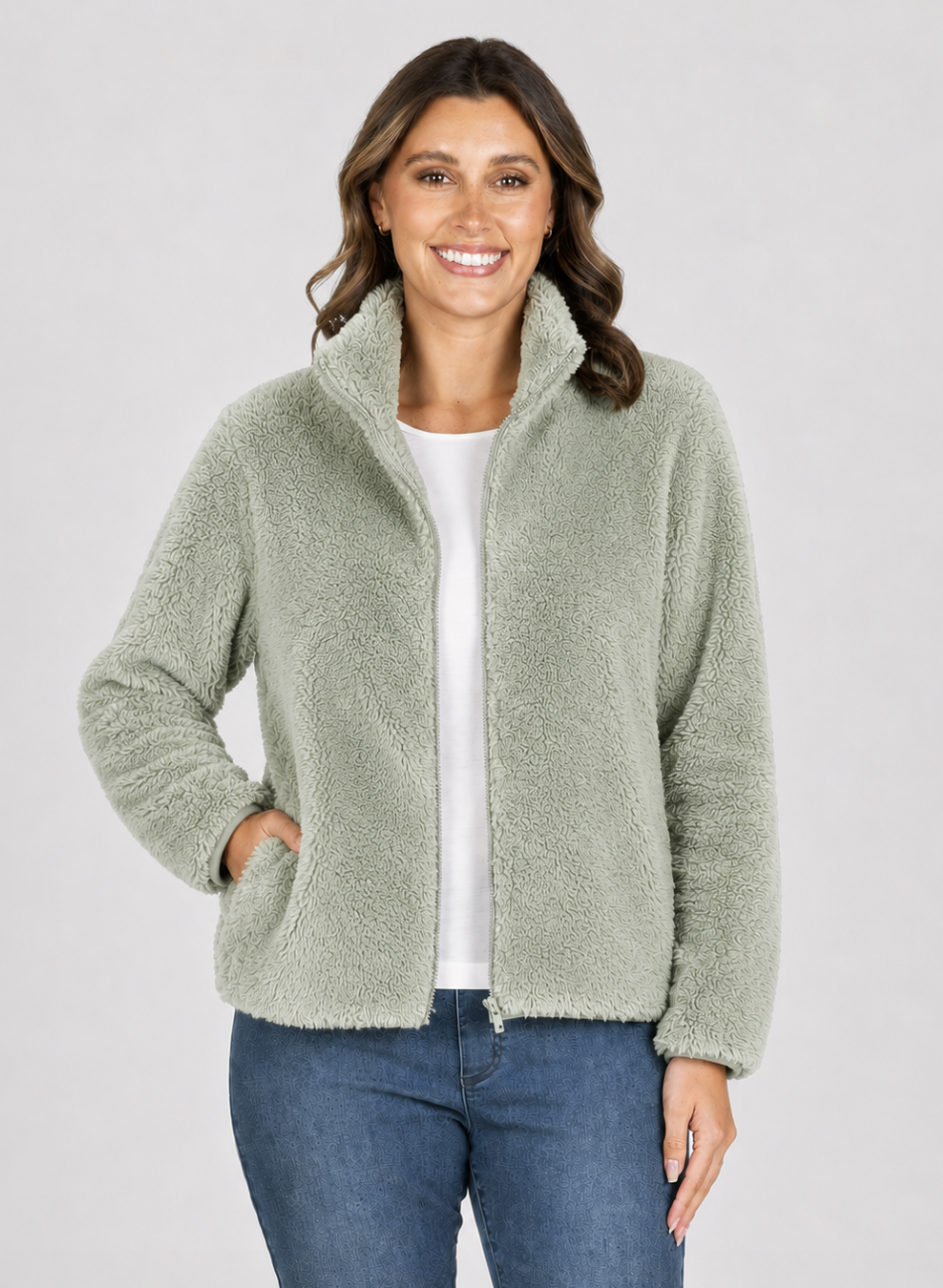 Renoma Green Fluffy Zip Through Jacket | Sizes 12-20