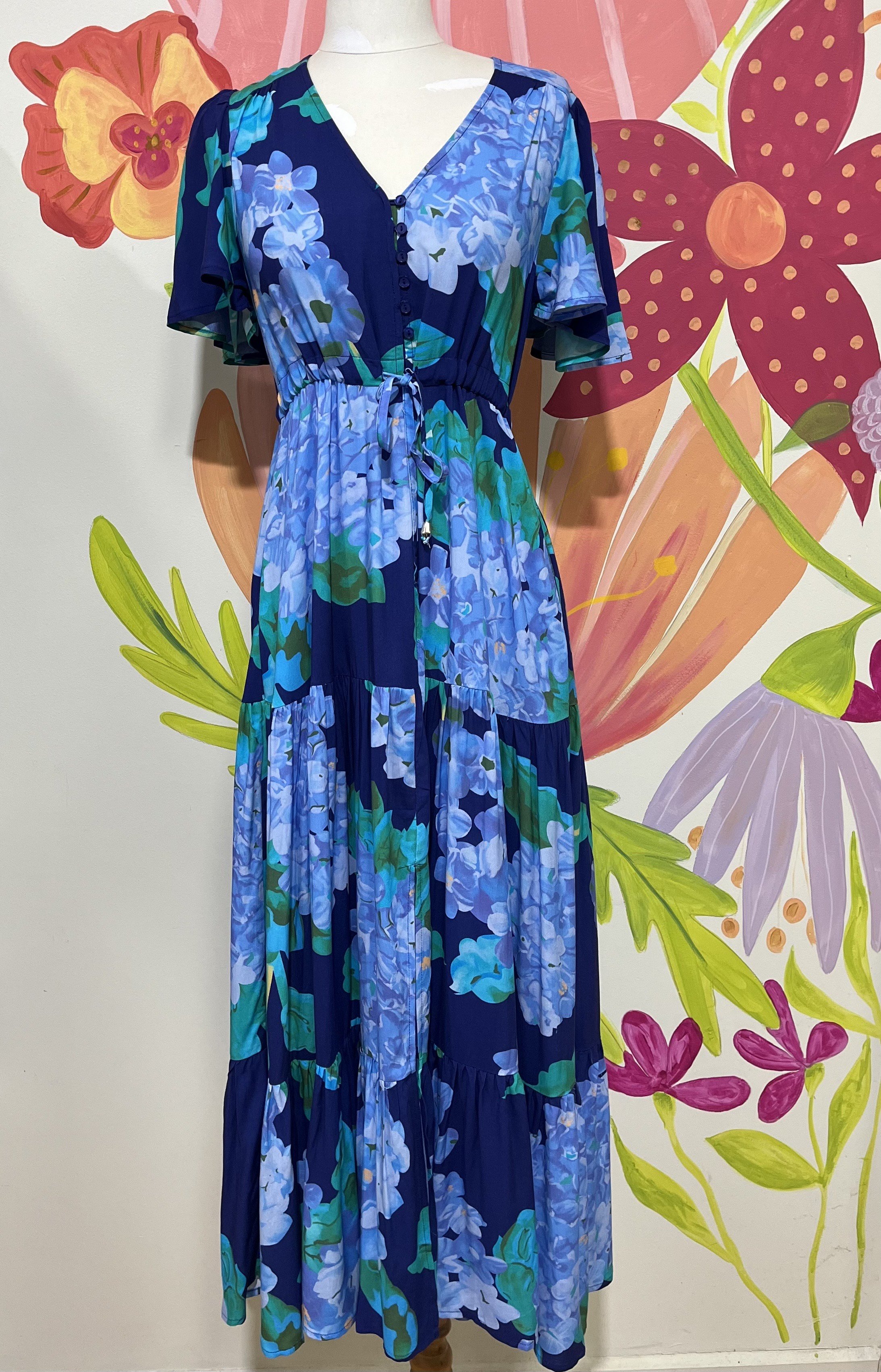 Midnight Blue Hydrangea Drawstring Maxi Dress | Sizes 8-18