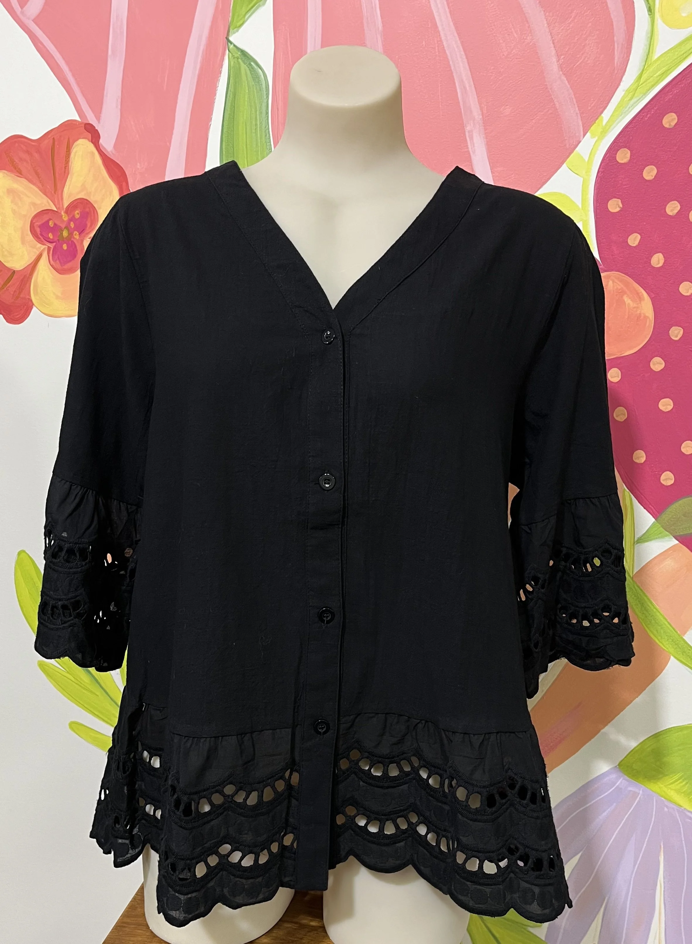 Black Linen Cotton Boho Lace Frill Top | Sizes 10-18