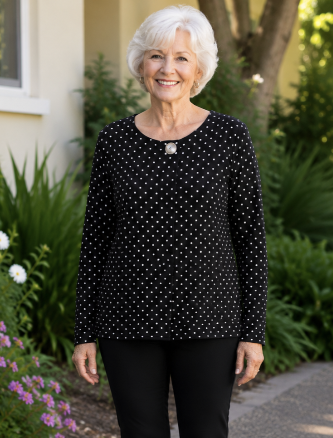 Black & White Polka Dot Button Pleat Long Sleeve Top | Sizes 8-18