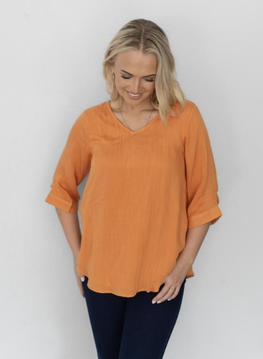Tangerine 3/4 Sleeve Button Back Top