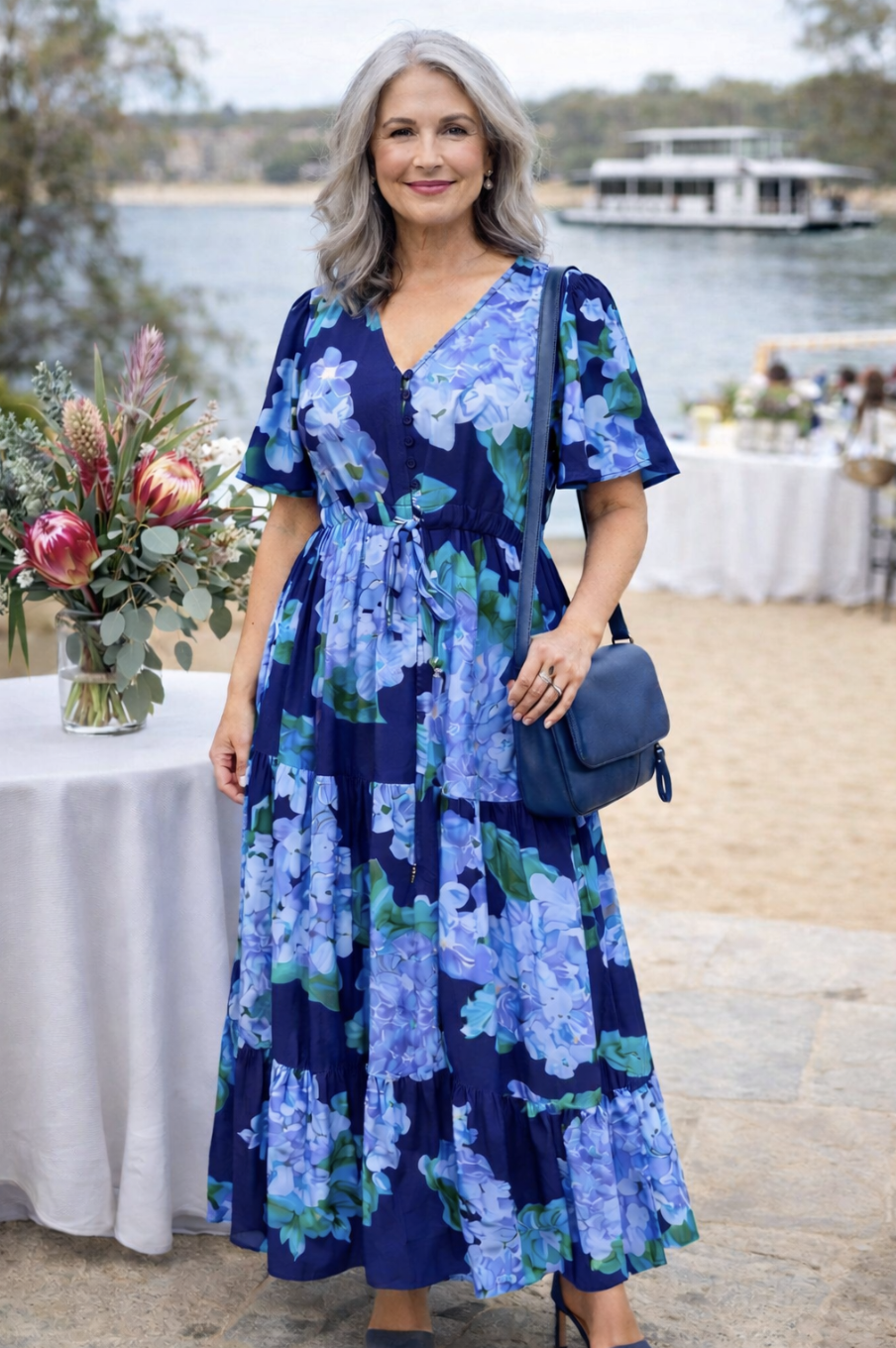 Midnight Blue Hydrangea Drawstring Maxi Dress | Sizes 8-18