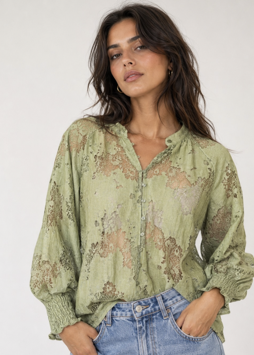 Vintage Floral Sage Lace Blouse | Sizes 10-16