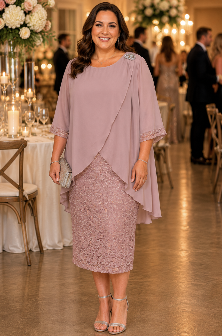 Layla Jones LJ0481 Blush Lace & Chiffon Overlay Midi Dress | Sizes 22-24