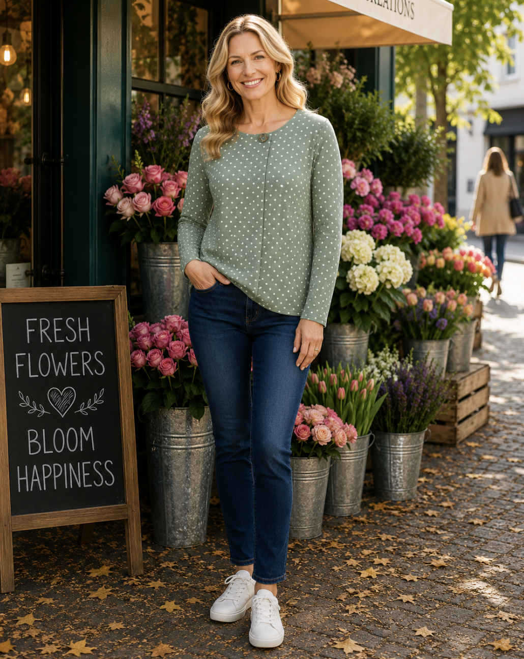 Sage & White Polka Dot Button Pleat Long Sleeve Top | Sizes 8-18