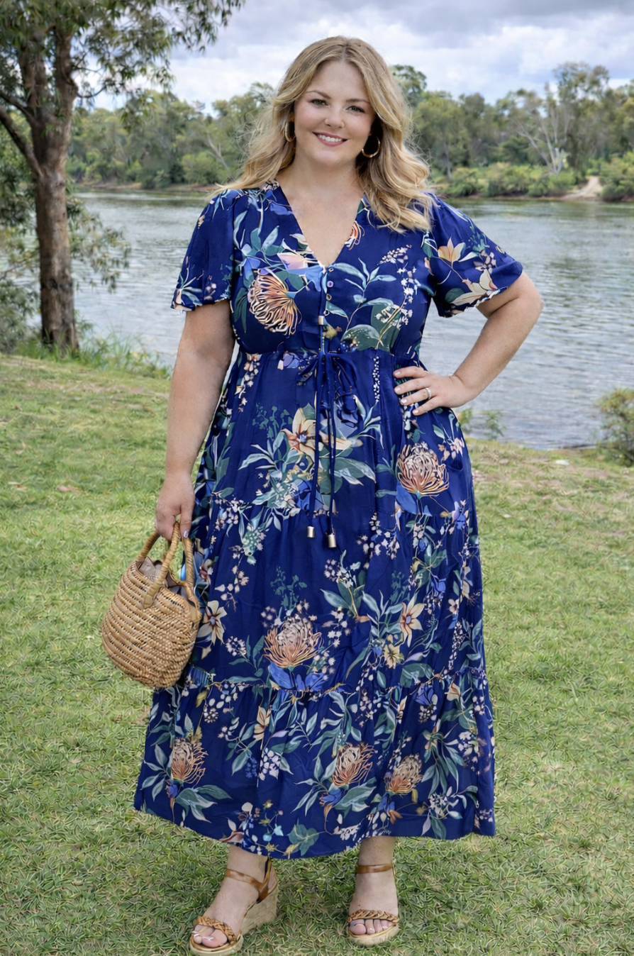Midnight Botanica Drawstring Maxi Dress | Sizes 10-26