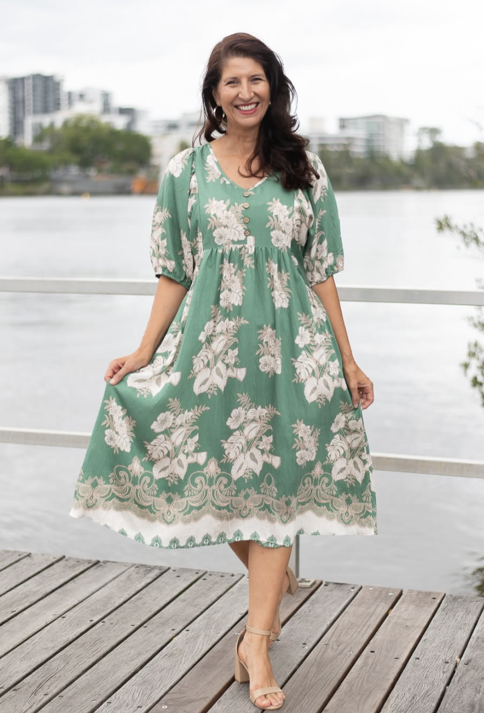 Green Floral Billow Sleeve Midi Dress | Sizes 8-20