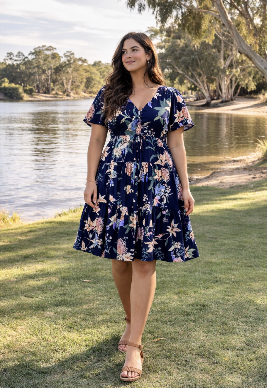 Midnight Botanica Drawstring Midi Dress | Sizes 10-26