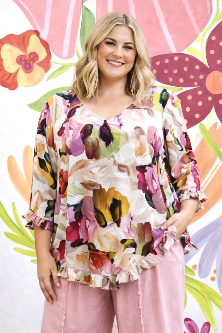 Monet Ruffle Button Back Top | Sizes 10-24