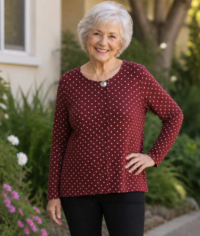 Red & White Polka Dot Button Pleat Long Sleeve Top | Sizes 8-18