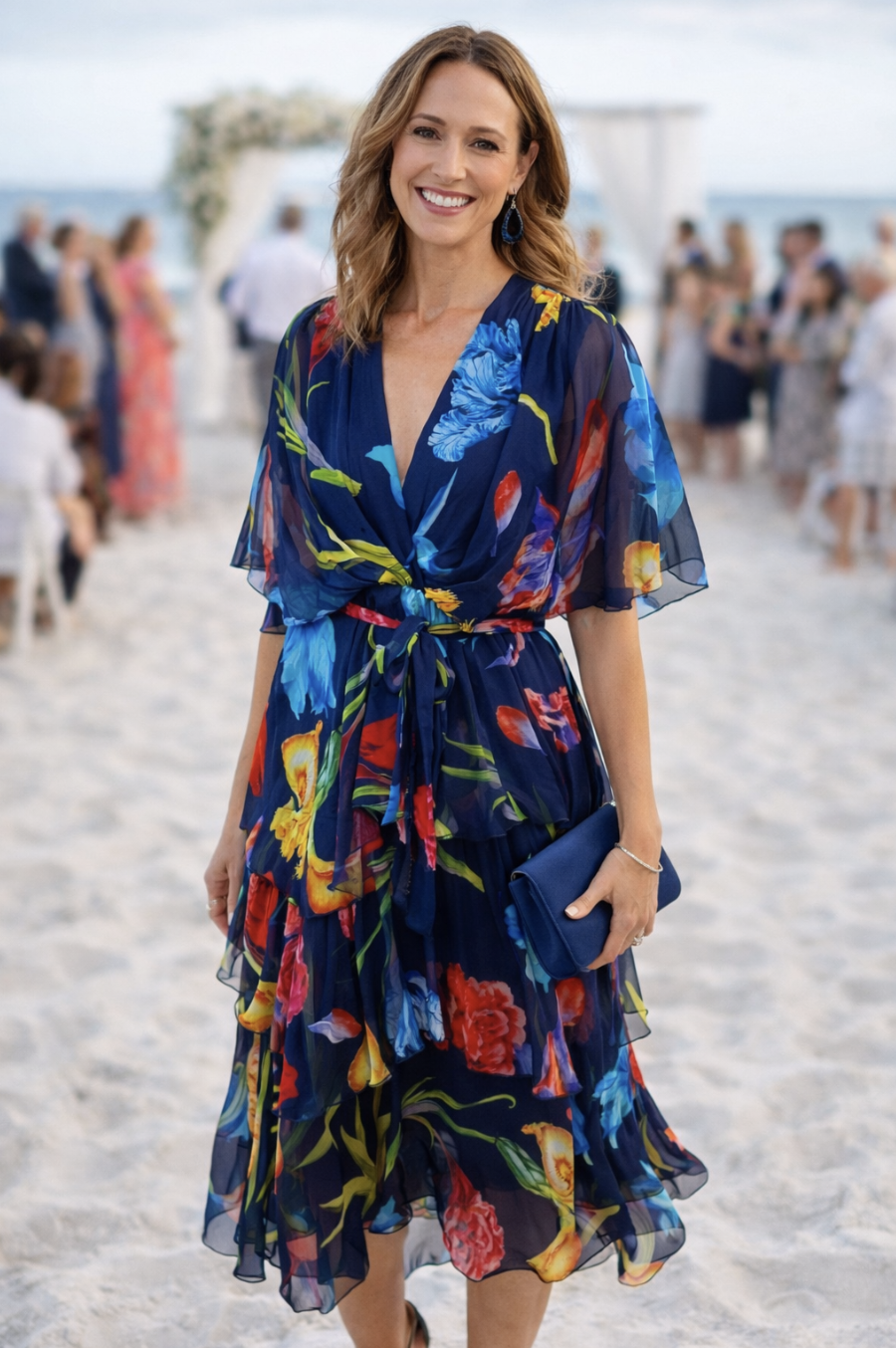 Navy Floral Silk Tie Dress