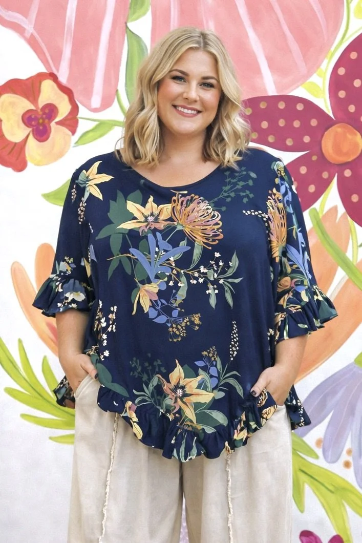 Midnight Botanica Ruffle Button Back Blouse | Sizes 10-26