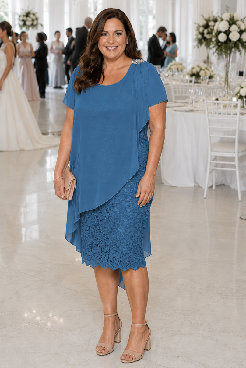 Jesse Harper JH0010 Sapphire Chiffon Overlay Lace Midi Dress | Size 20