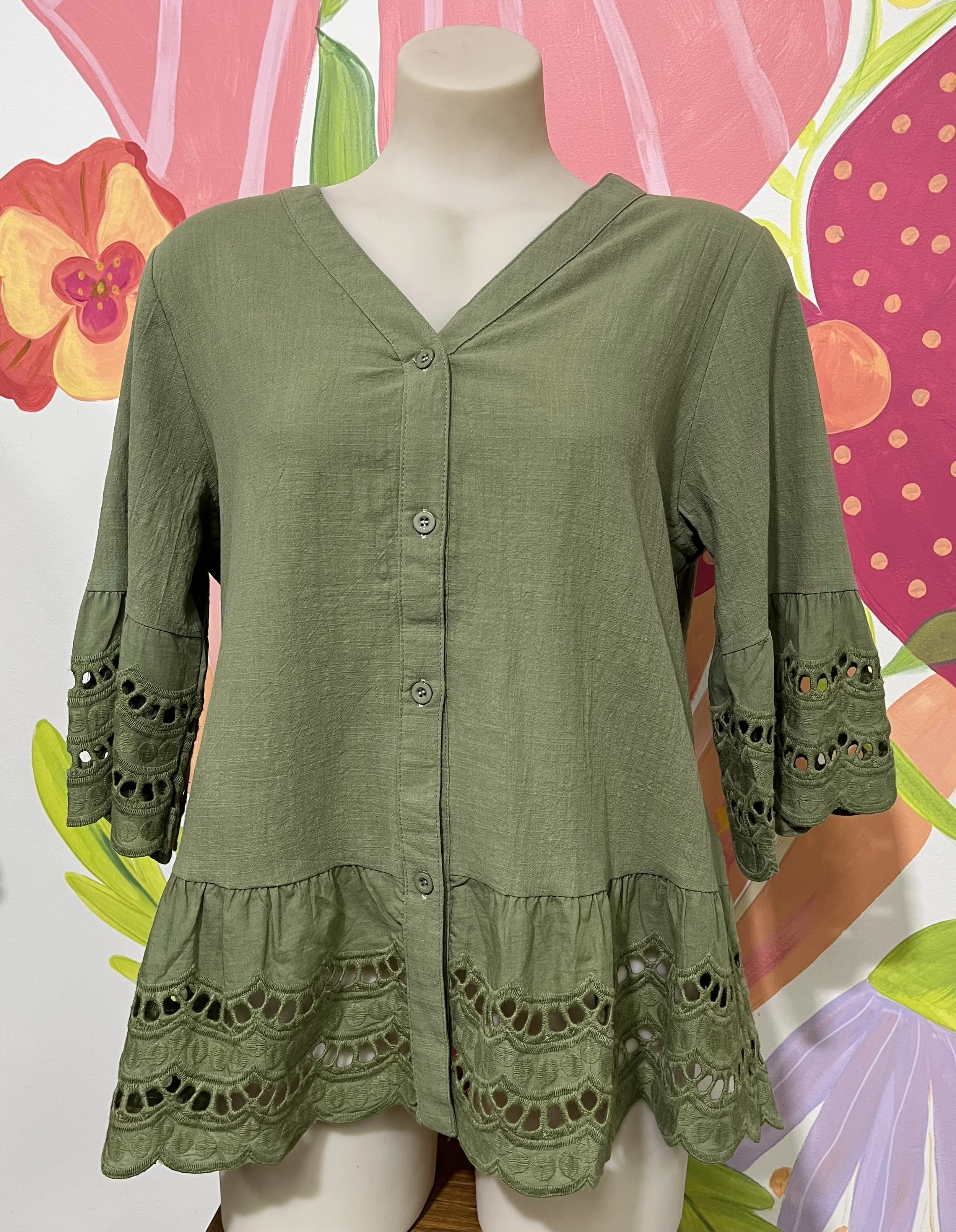 Olive Linen Cotton Boho Lace Frill Top | Sizes 10-18