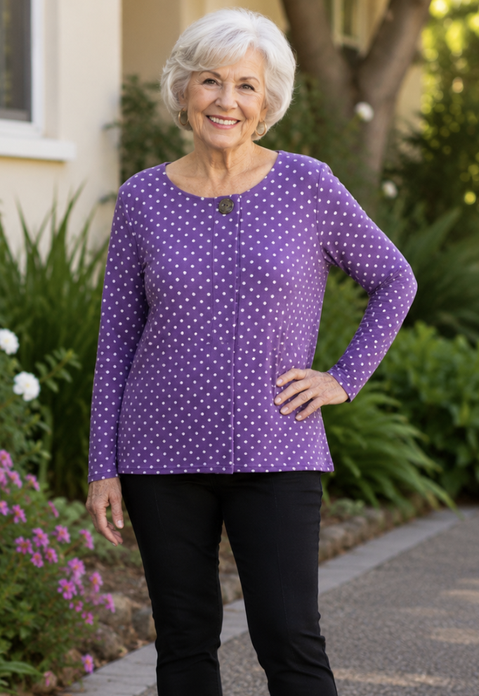 Purple & White Polka Dot Button Pleat Long Sleeve Top | Sizes 8-18