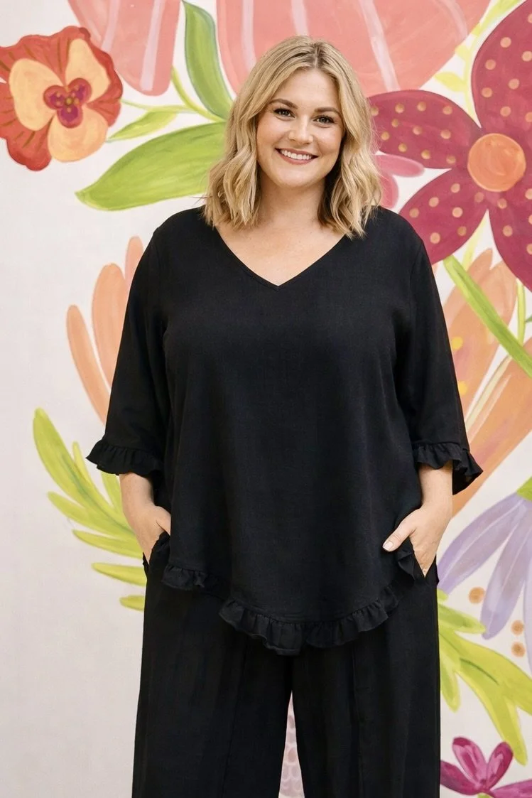 Black Button Back Ruffle Blouse | Sizes S-XXXL