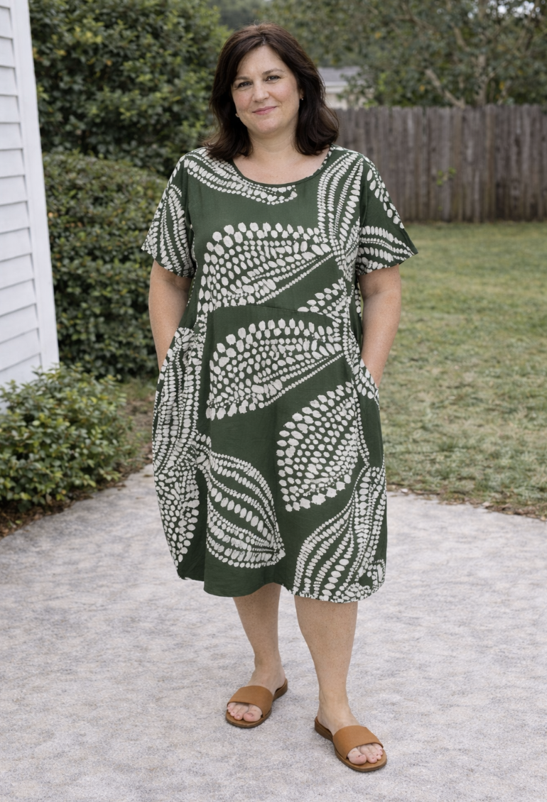 Green Pebble Cotton Balloon Dress | Sizes 10-18