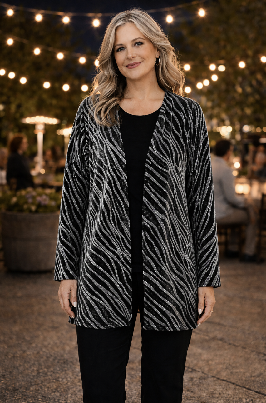 Silver Metallic Zebra Lightweight Evening Jacket | Sizes 8-18