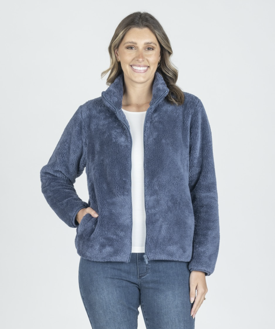 Renoma Denim Blue Fluffy Zip Through Jacket | Sizes 12-20