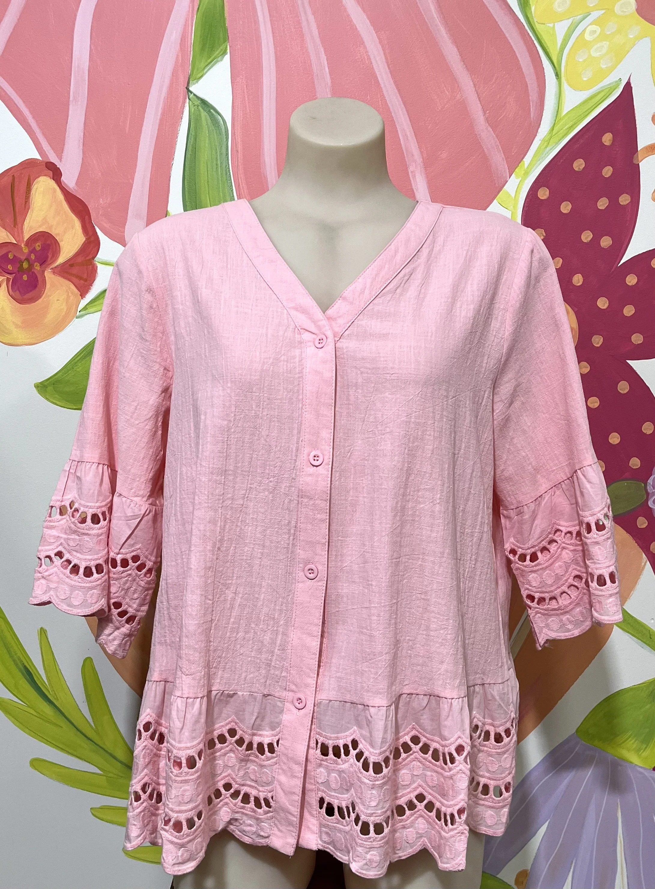 Pink Linen Cotton Boho Lace Frill Top | Sizes 10-18