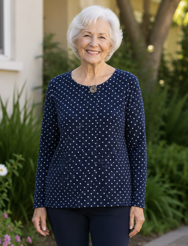 Navy & White Polka Dot Button Pleat Long Sleeve Top | Sizes 8-18