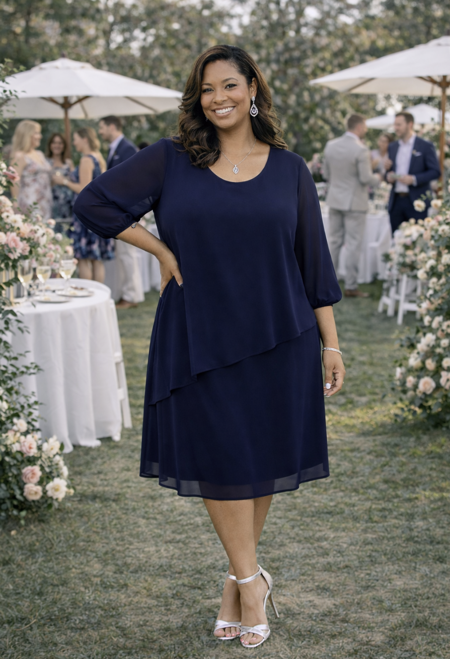 Navy Andy Chiffon Overlay Dress | Sizes 12-24