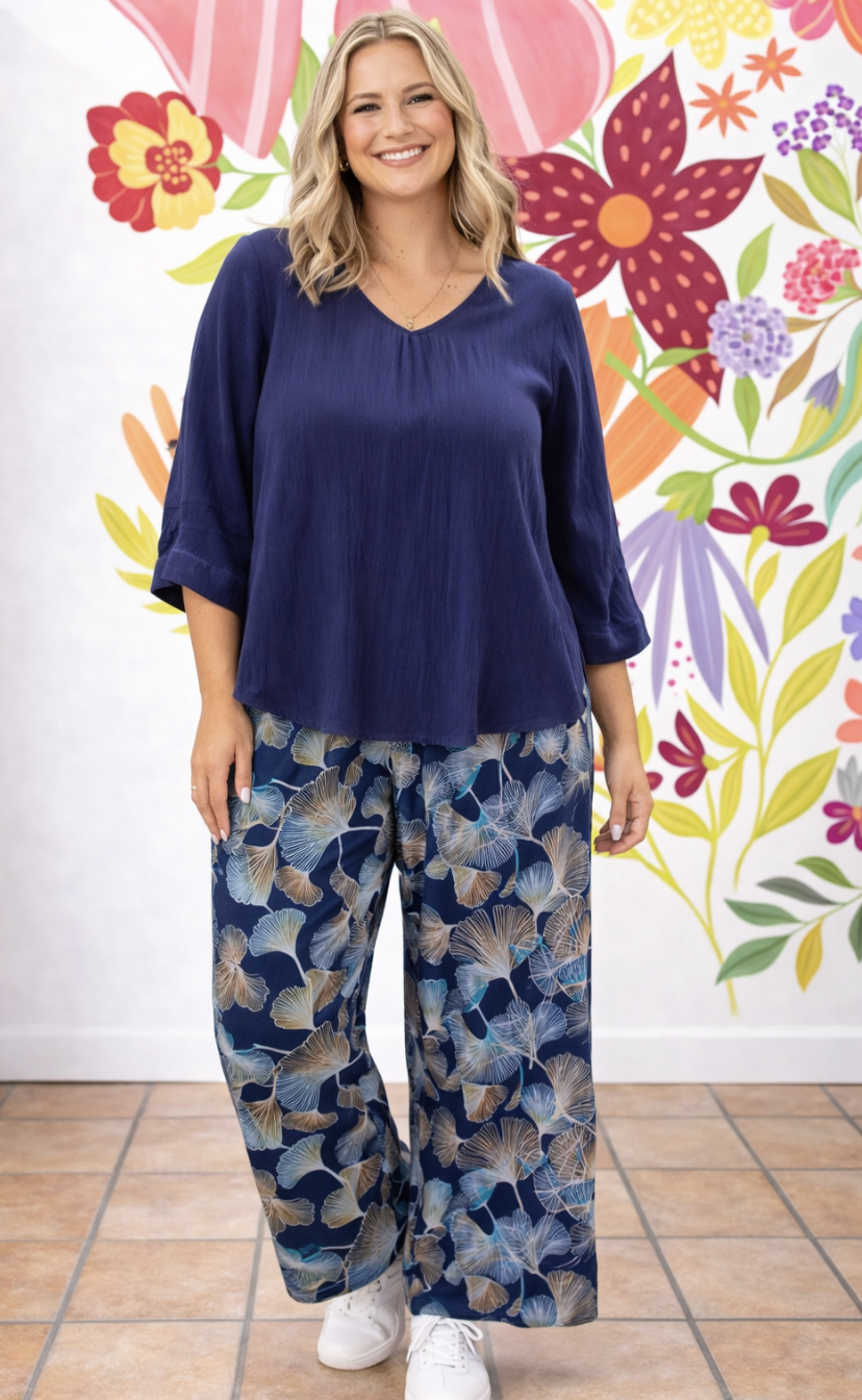 Moonlit Leaves Printed Wide Leg Pants | Sizes 10-18