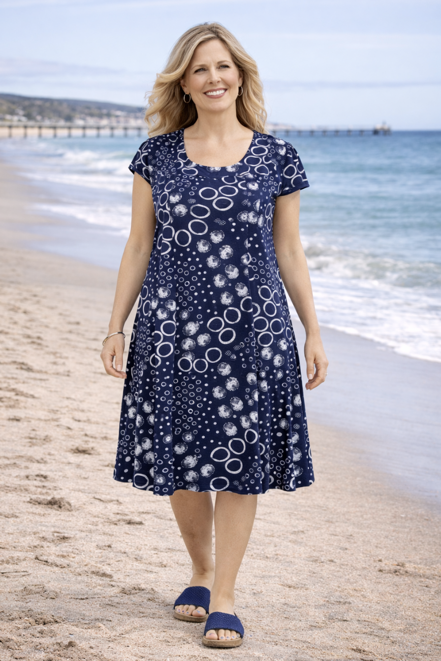 Navy & White Spot Cap Sleeve Cotton Stretch Dress