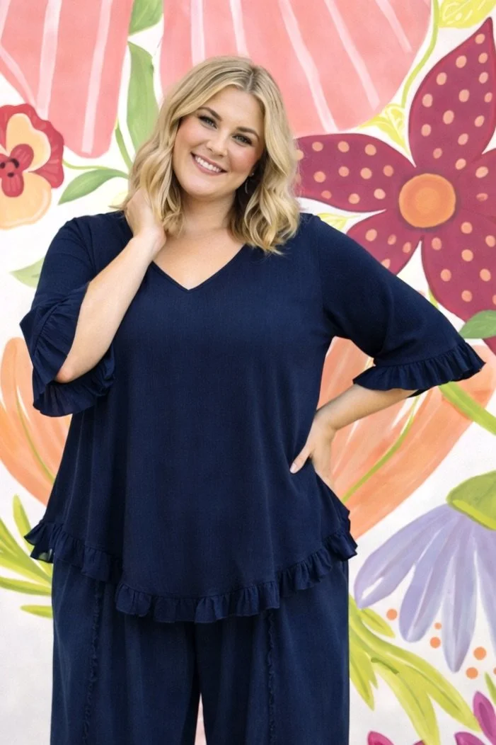 Navy Button Back Ruffle Blouse | Sizes S-XXXL