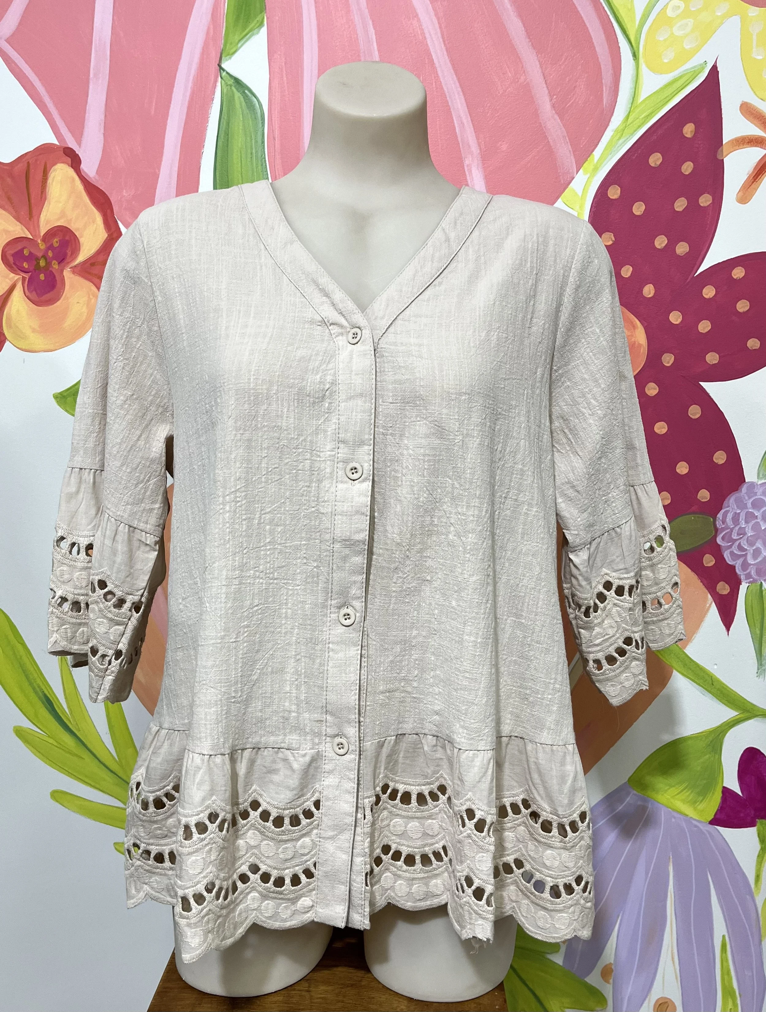 Sand Linen Cotton Boho Lace Frill Top | Sizes 10-18