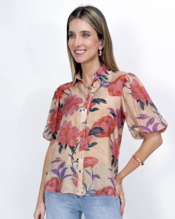 Pink & Apricot Floral Puff Sleeve Blouse