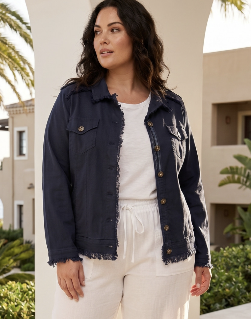 Orientique Navy Linen Blend Fringe Jacket | Sizes 16-24