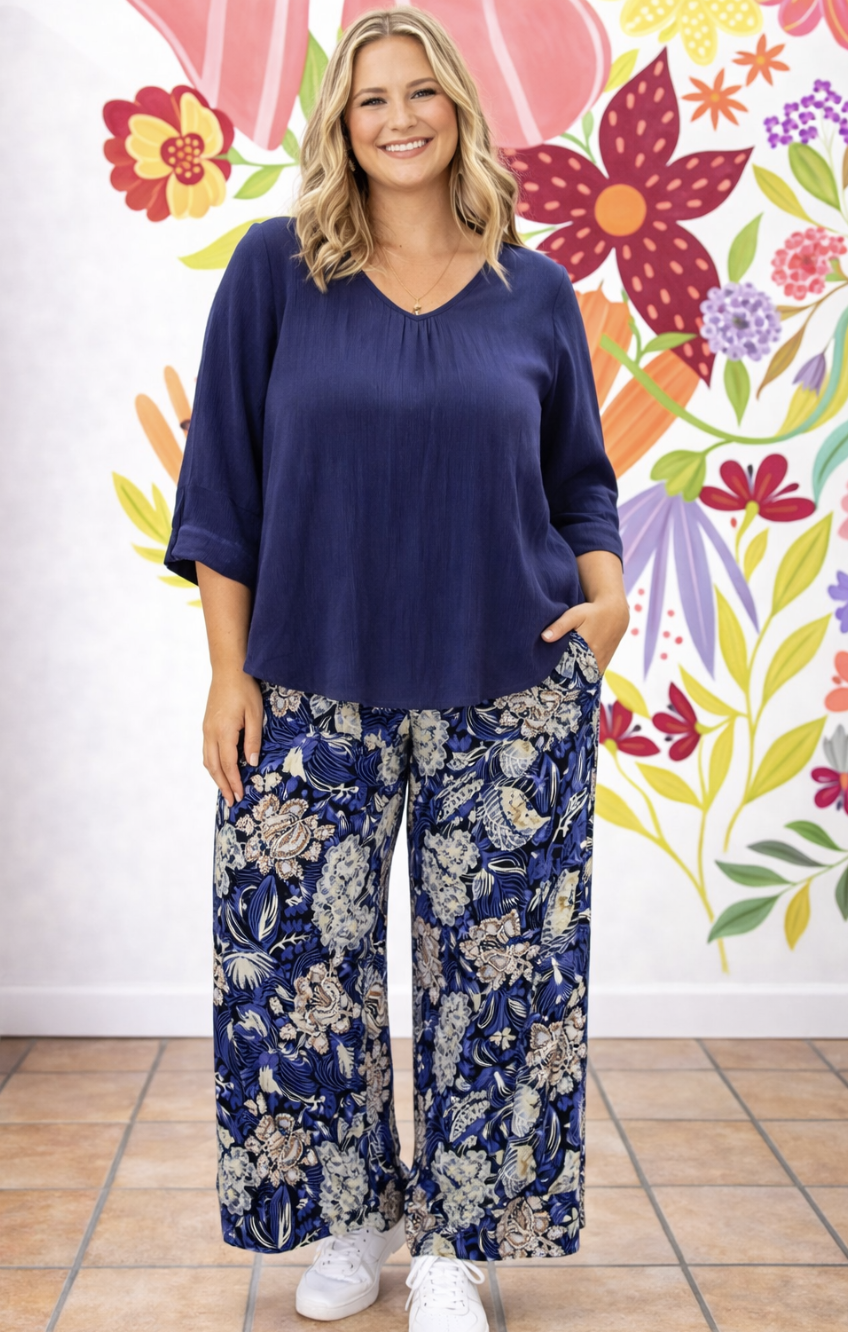 Navy & Rust Cotton Wide Leg Pants | Sizes 10-18