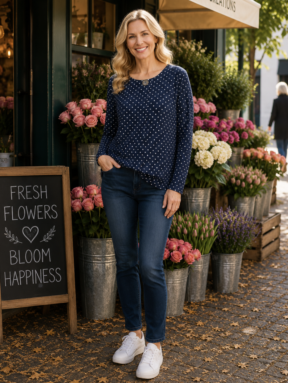 Navy & White Polka Dot Button Pleat Long Sleeve Top | Sizes 8-18