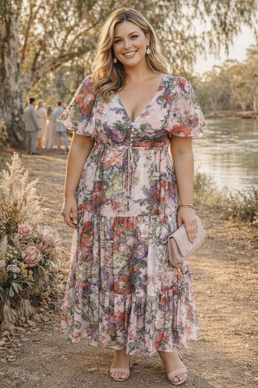 Cleo Blush Floral Tiered Drawstring Maxi Dress | Sizes 8-26