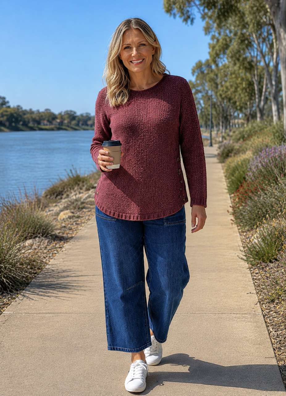 Burgundy Essential Side Button Waffle Knit Jumper | Sizes 8-18