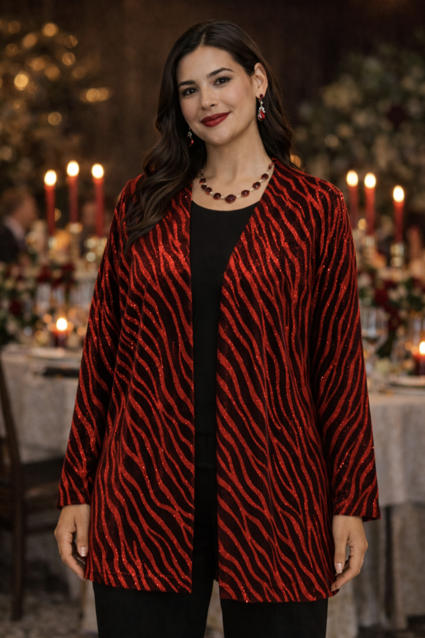 Red Metallic Zebra Lightweight Evening Jacket | Sizes 8-16