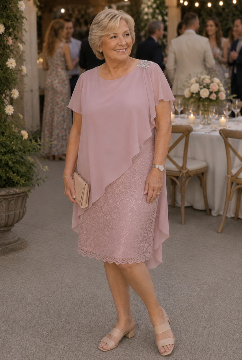 Layla Jones LJ0135 Blush Lace with Chiffon Overlay Midi Dress | Size 22