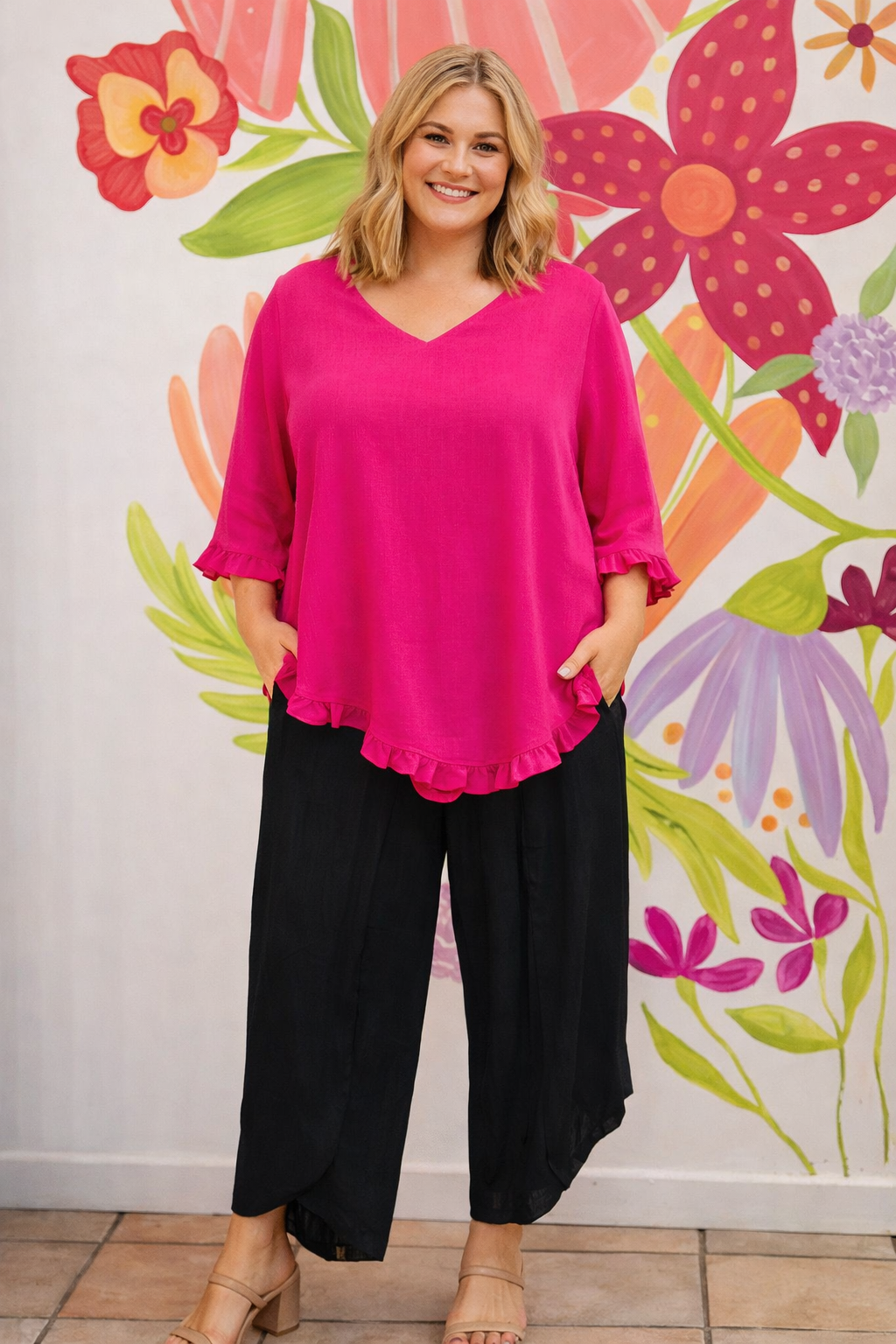 Joywood Fashions Pink Ruffle Blouse Black Gypsy Pants Plus Size.png