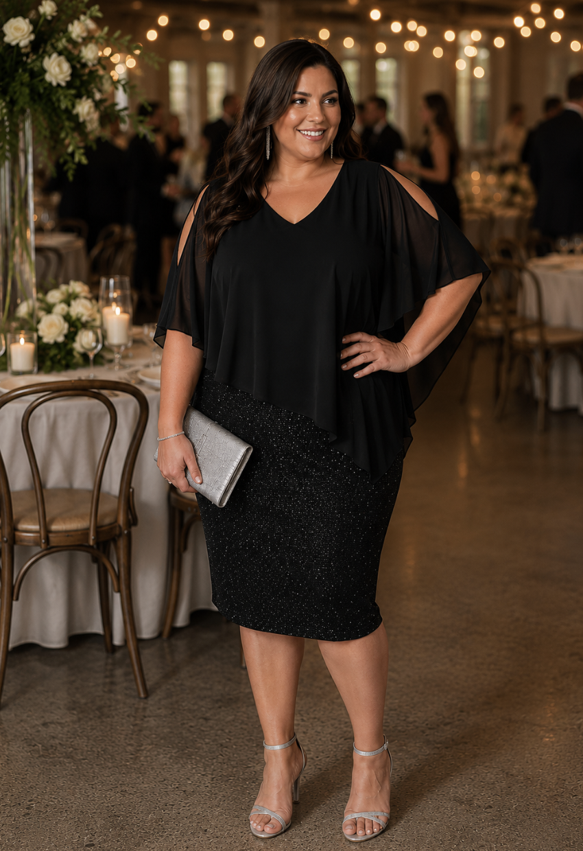 Layla Jones LJ0476 Black Galaxy Chiffon Dress | Sizes 20-24