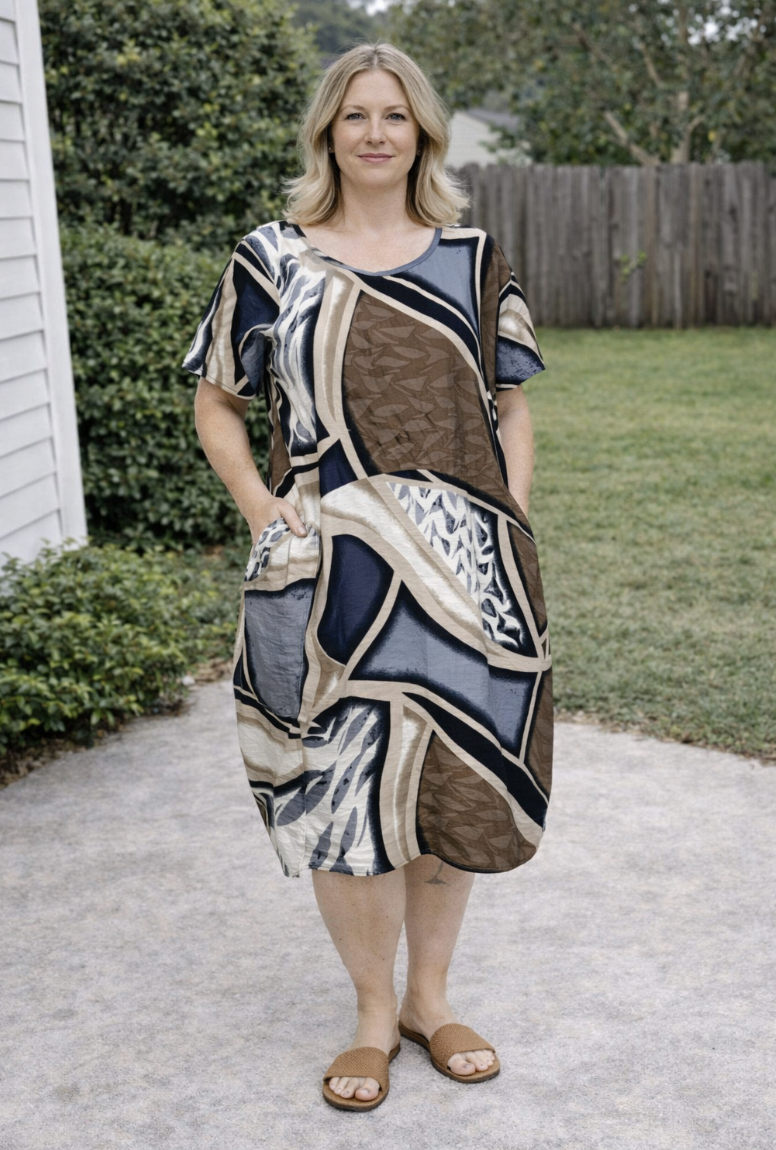 Blue & Brown Cotton Balloon Dress | Sizes 10-18