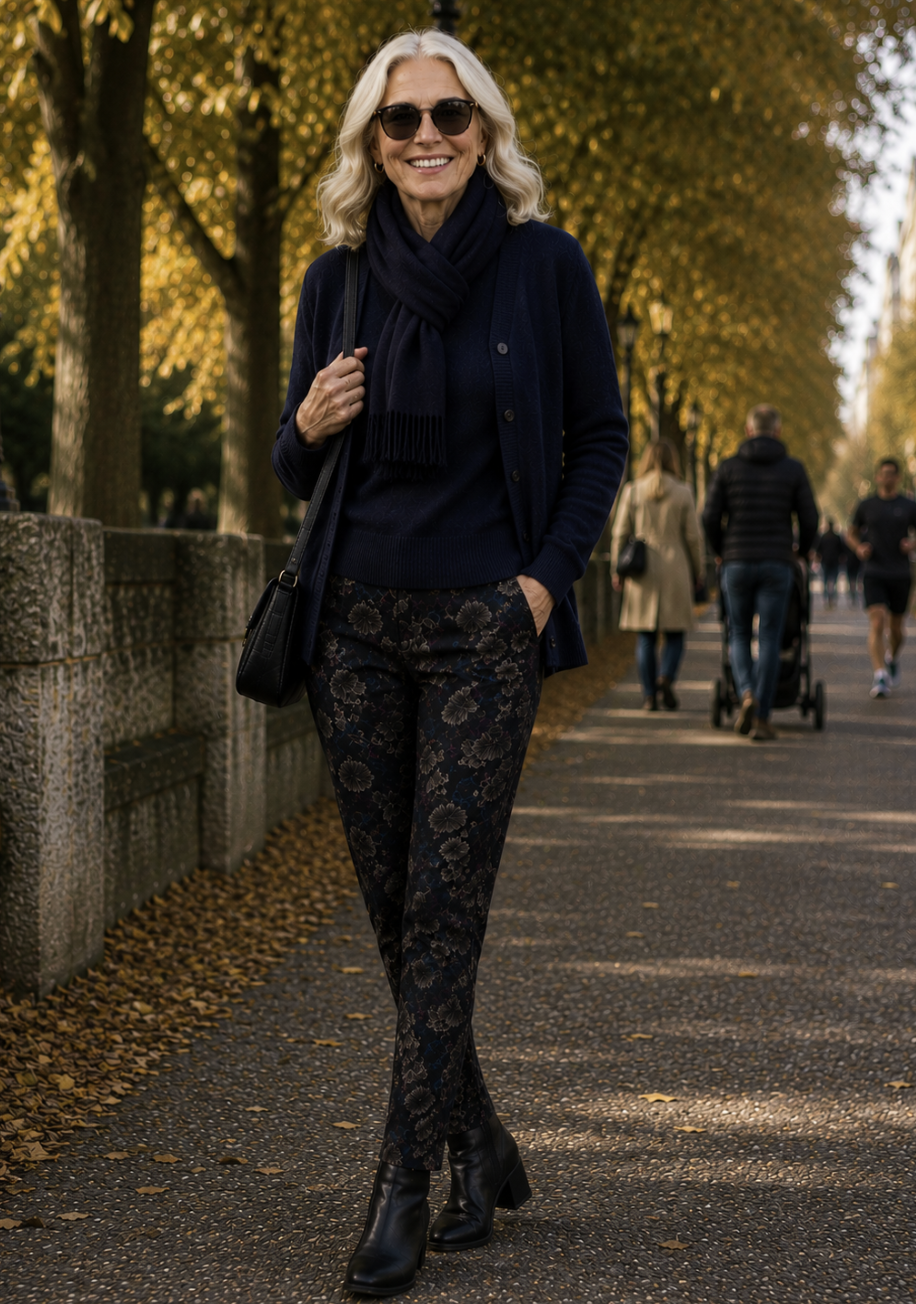 Black Winter Fleur Print Fleece Lined Pocket Pants | Sizes 8-16