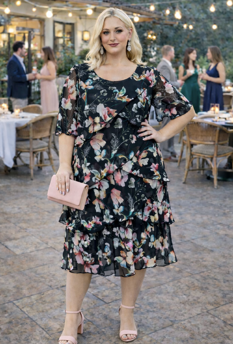 Black Watercolour Garden Layered Frill Dress