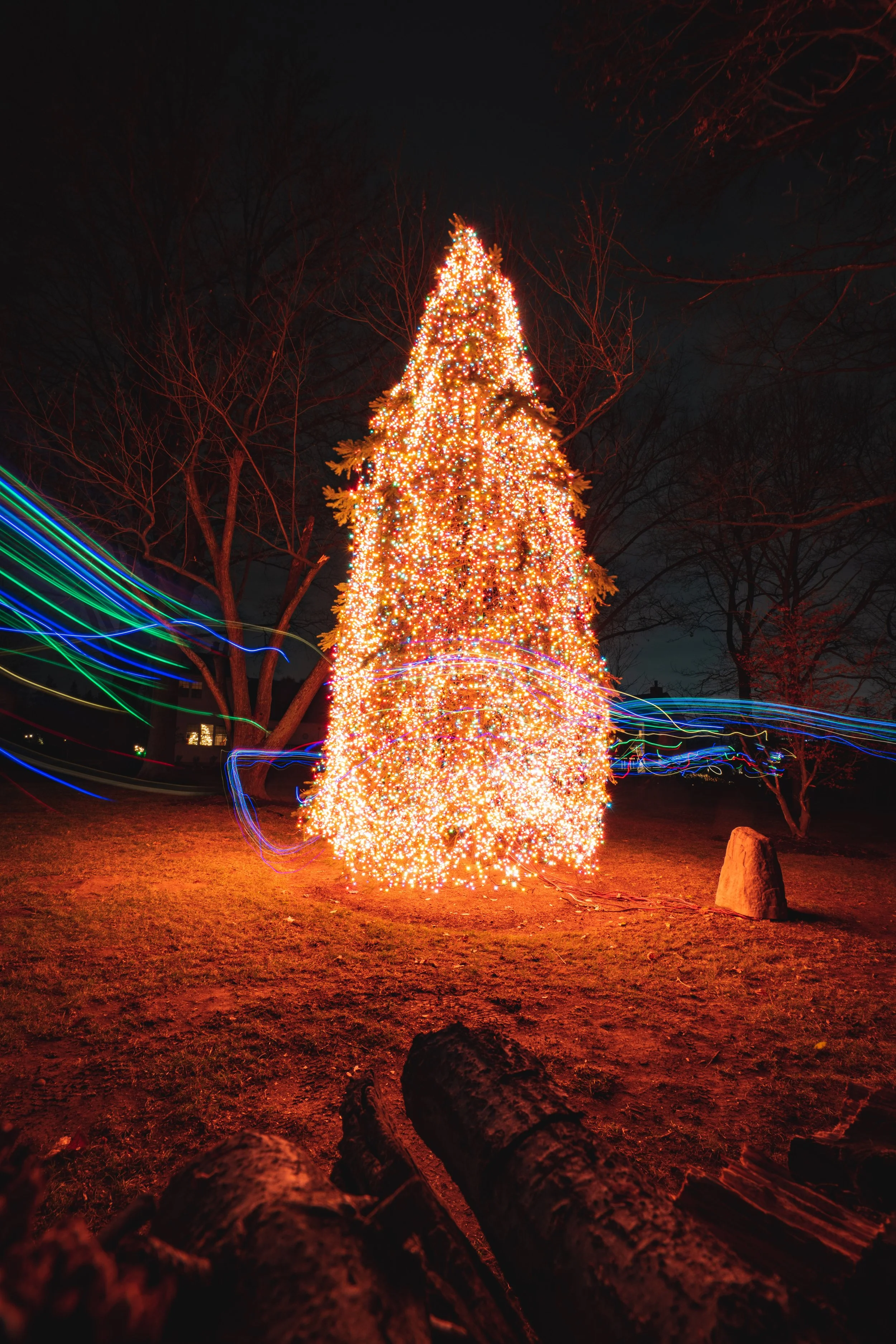 A Christmas tree decorated with multicolored lights standing in an outdoor setting at night, with blurred streaks of light in the background and logs in the foreground.
