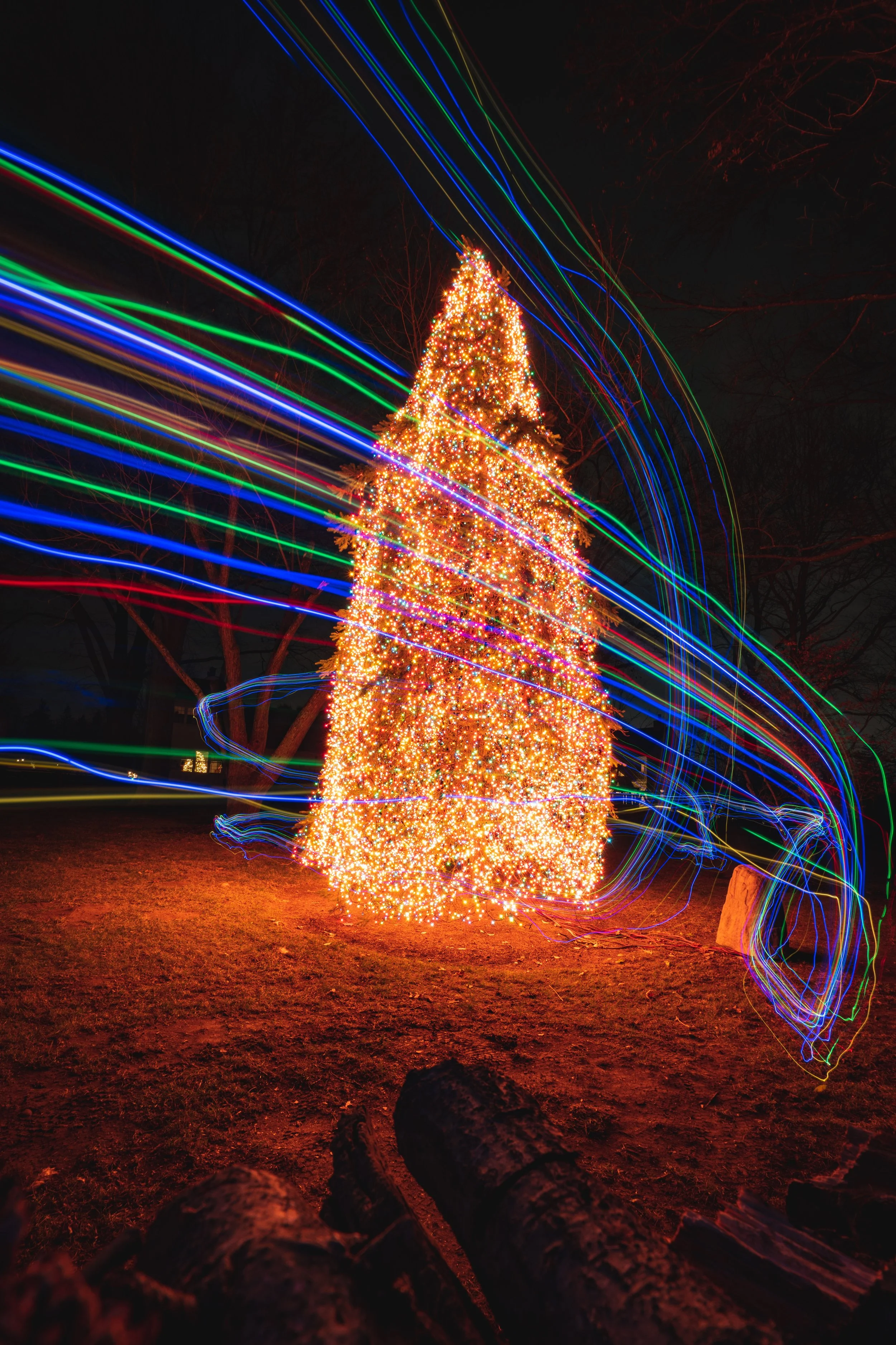 Christmas tree decorated with lights, with colorful light trails swirling around it at night.