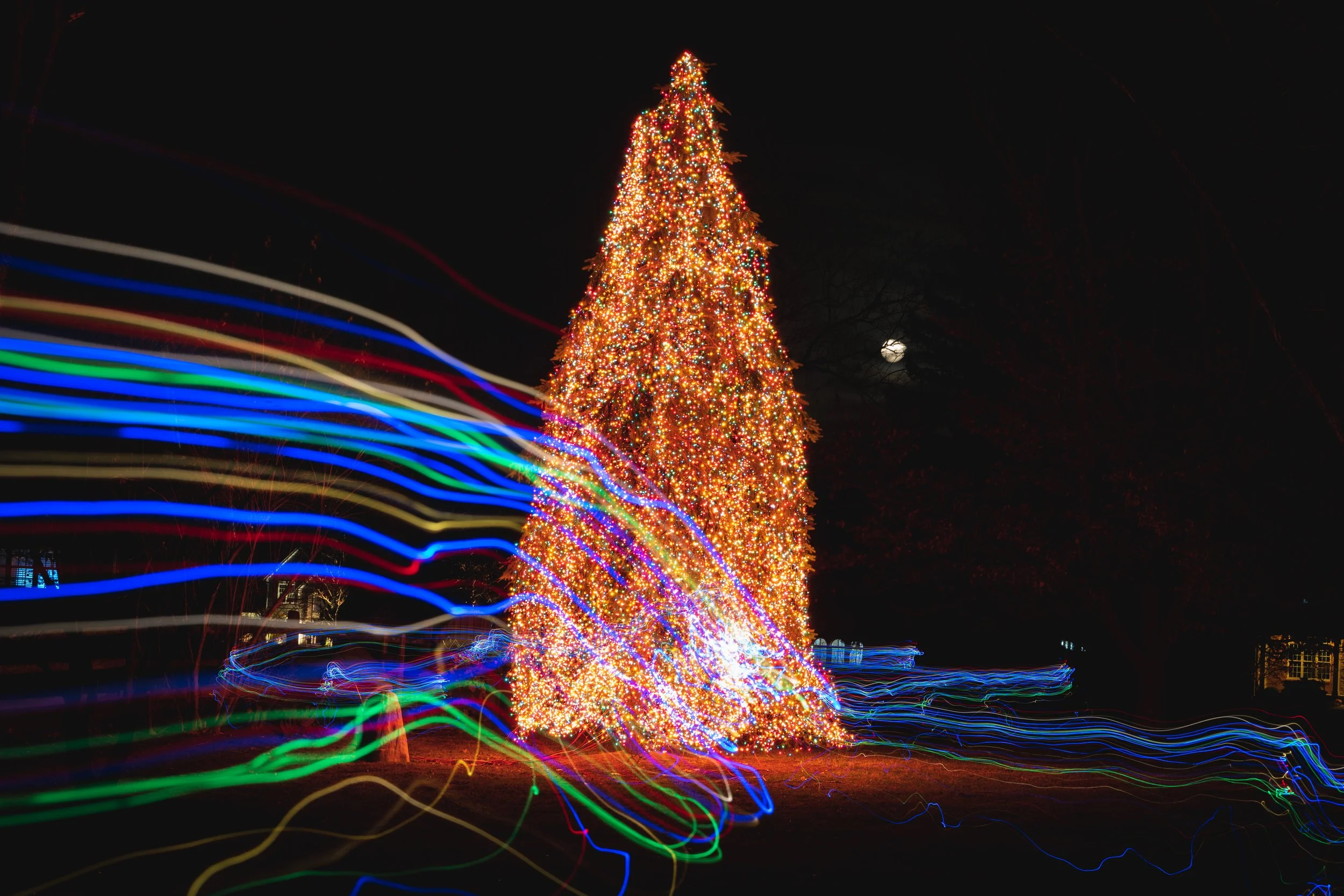 A large Christmas tree decorated with colorful lights at night, with a full moon in the background and multicolored light streaks in the foreground.