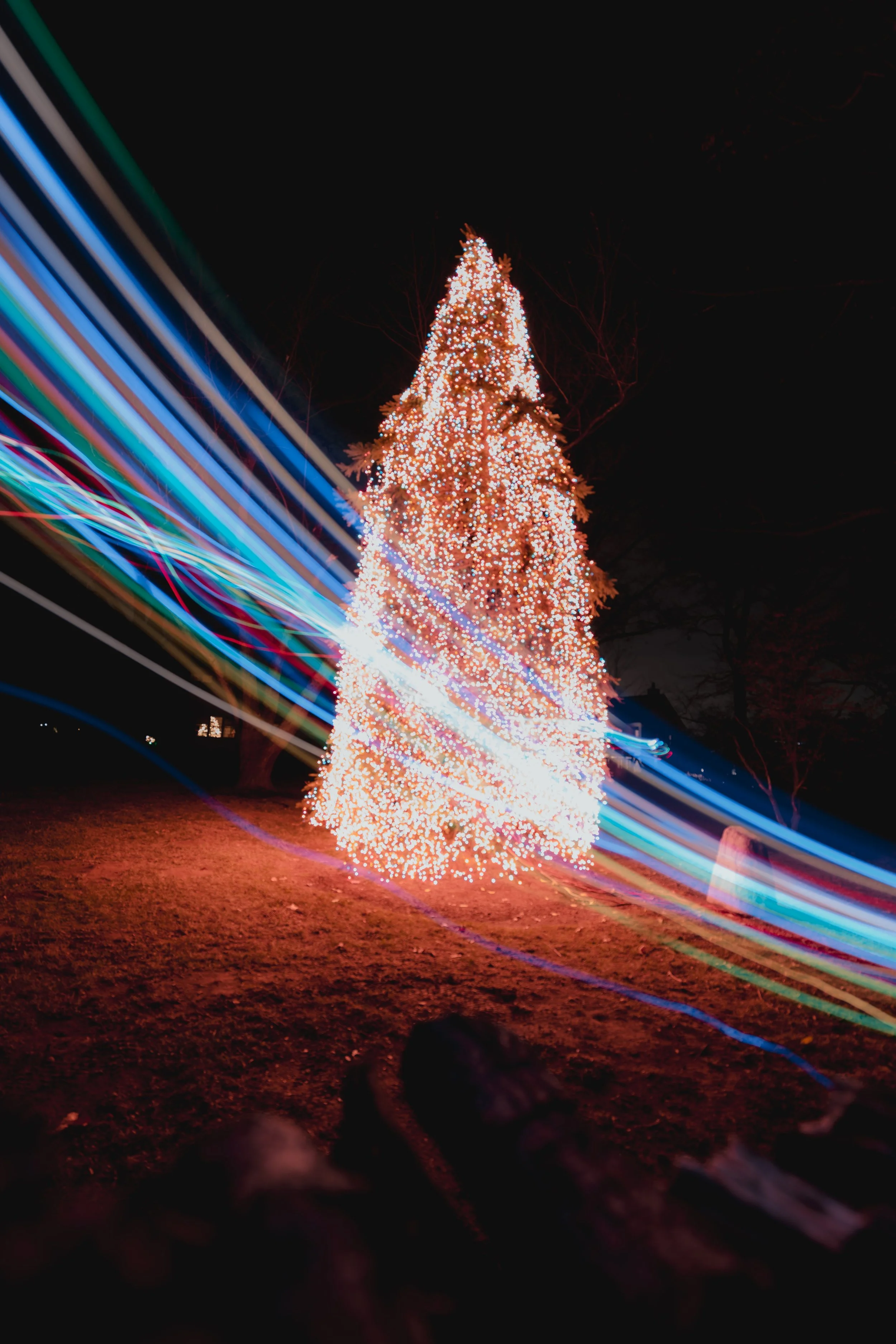 Christmas tree decorated with white lights at night, with colorful light trails passing by.