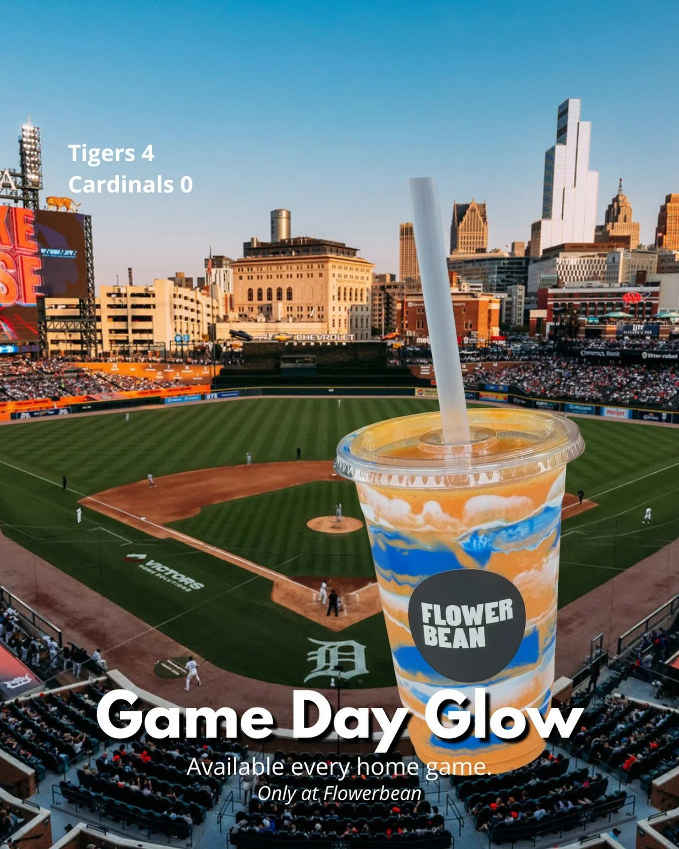 The crowd loved it. 𝗚𝗮𝗺𝗲 𝗗𝗮𝘆 𝗚𝗹𝗼𝘄. ⚾️ Available every home game. Only at Flowerbean.
&bull;
#tigers #detroittigers #gameday #smoothies #detroit